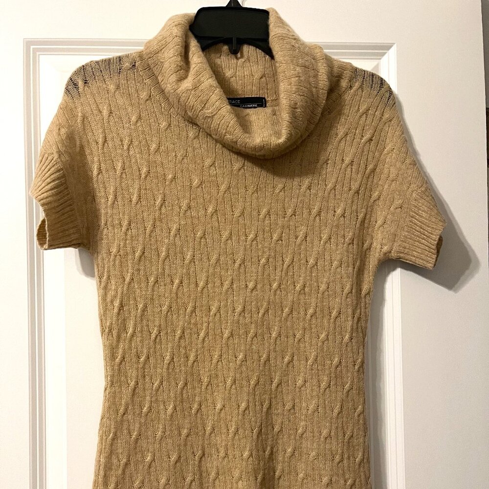 Grace 100% Cashmere Cowl Neck Sweater – P/S | Tan Cable Knit Short Sleeve